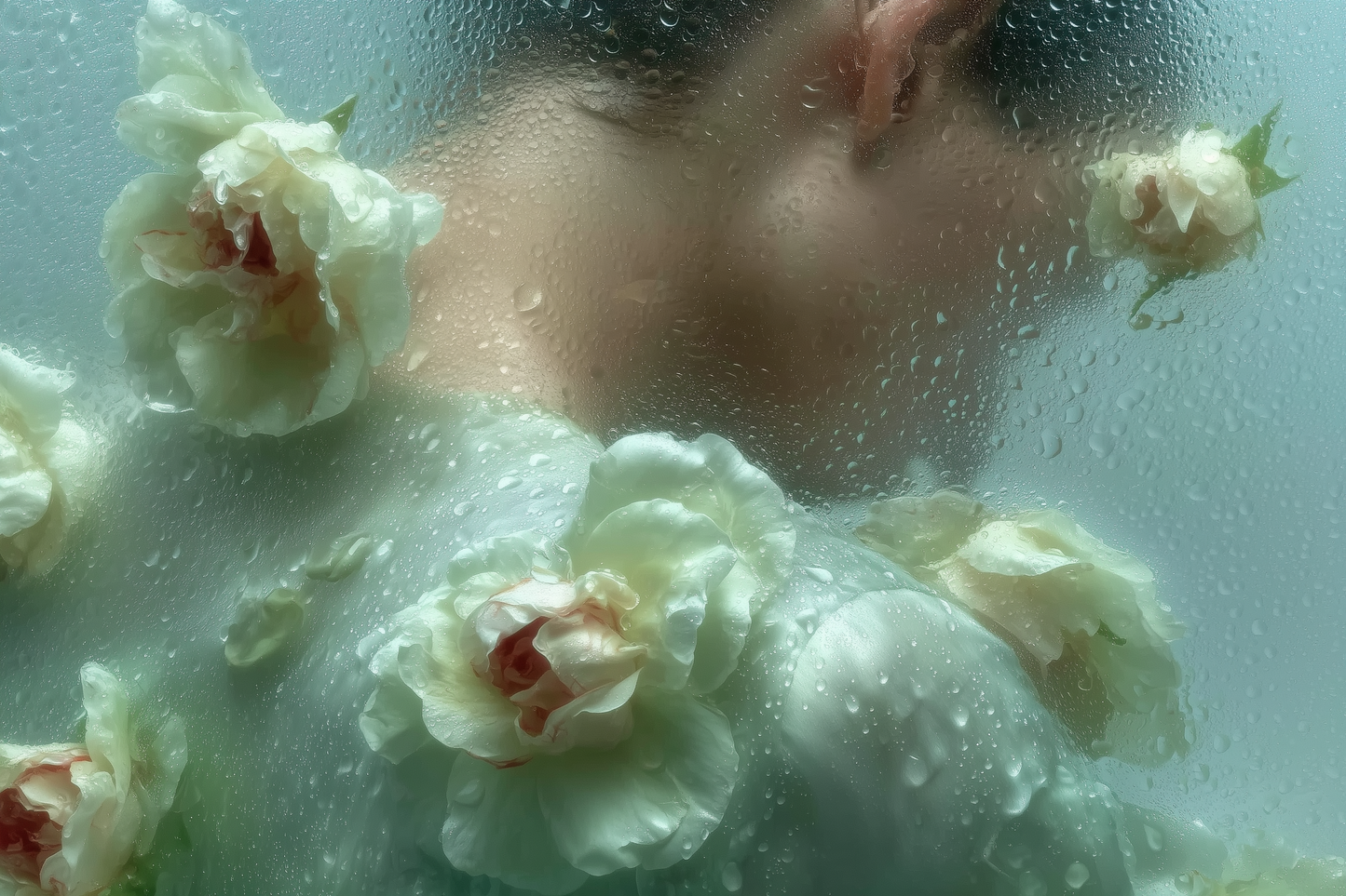 Woman behind misted glass surrounded by white roses — the evolution of clean fragrance from synthetic to sacred.