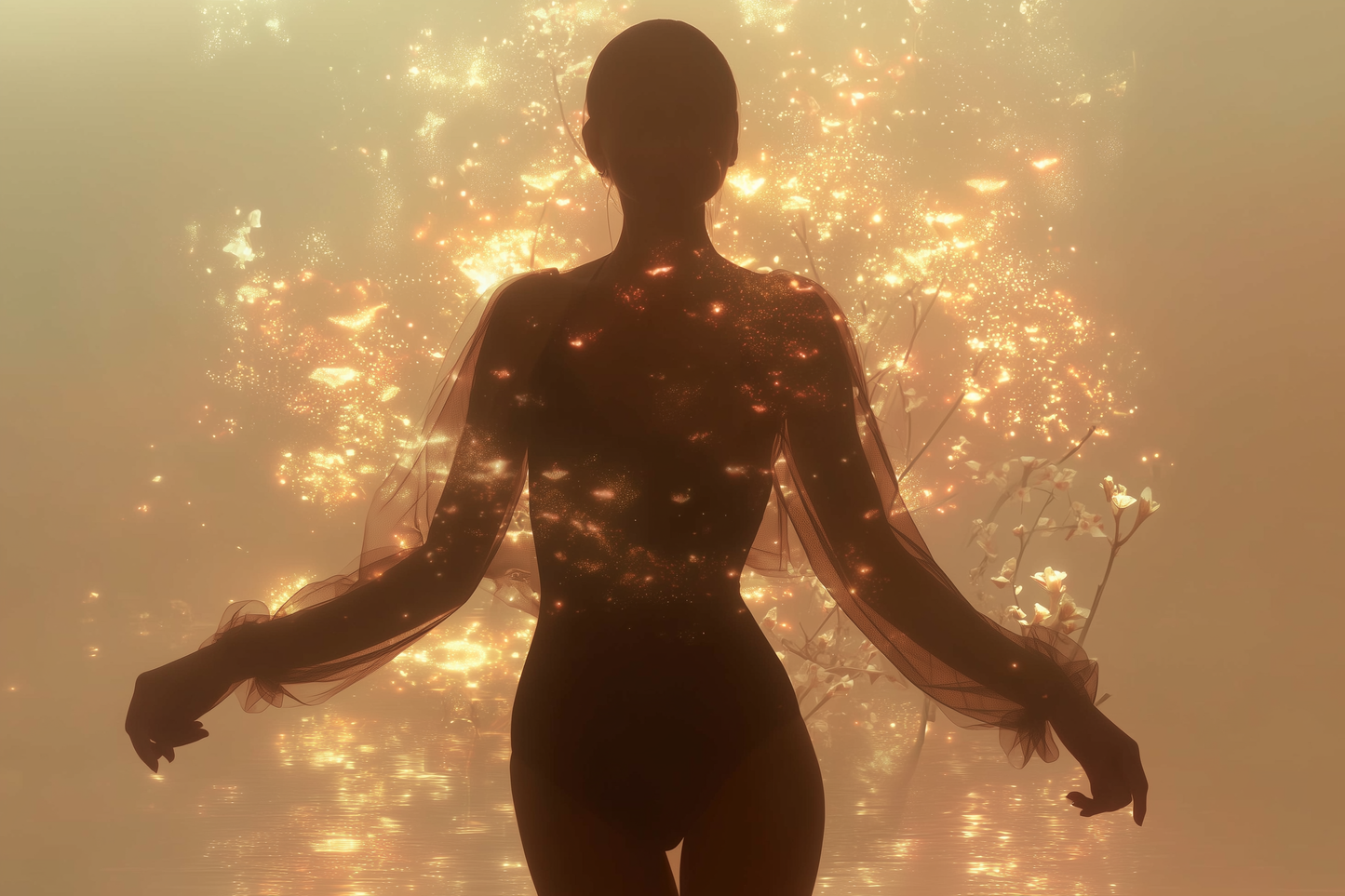 Silhouette of a woman lit by golden sparks — divine perfume awakening the goddess within.