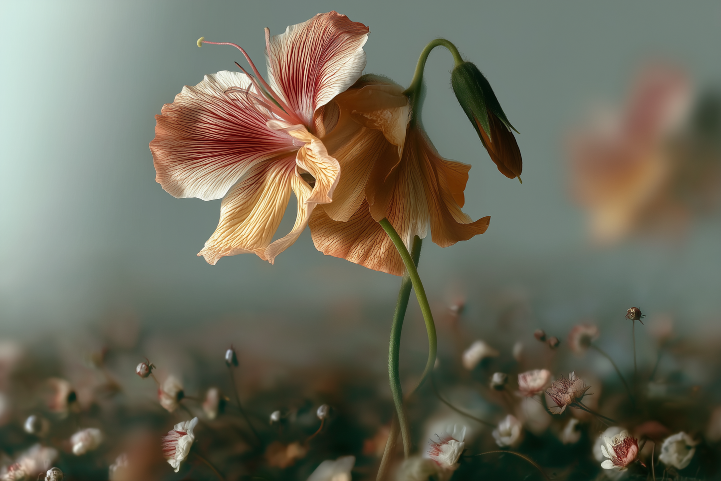Peach geranium bloom on a green stem — Egyptian geranium as the green heart of natural rose fragrance.
