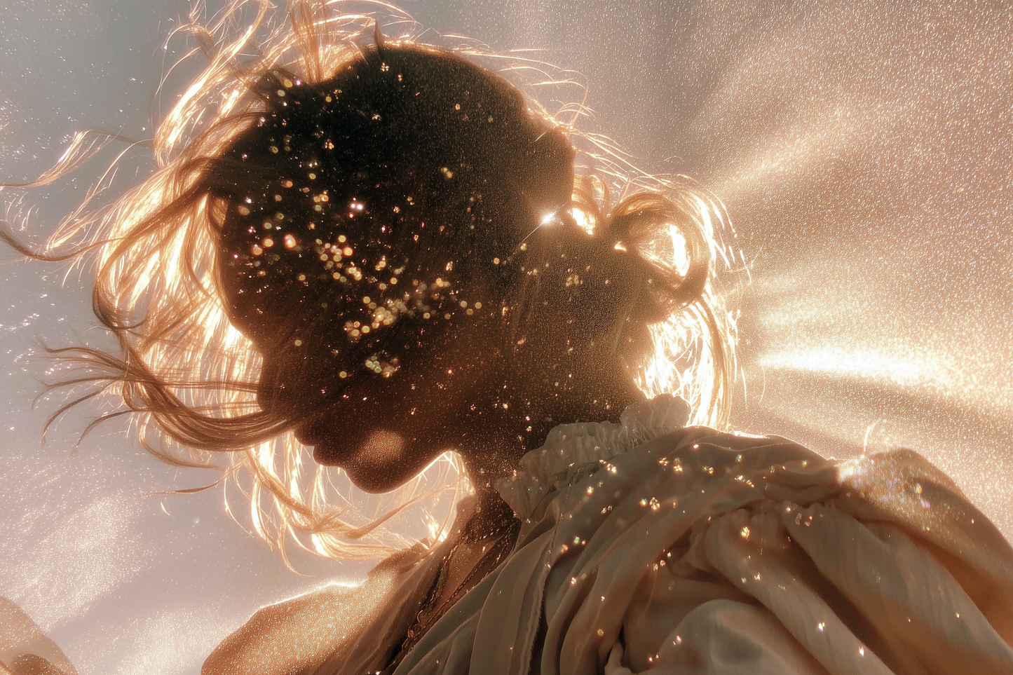 Woman lit by golden sun-sparks in profile — the natural fragrance notes that bloom in skin heat.