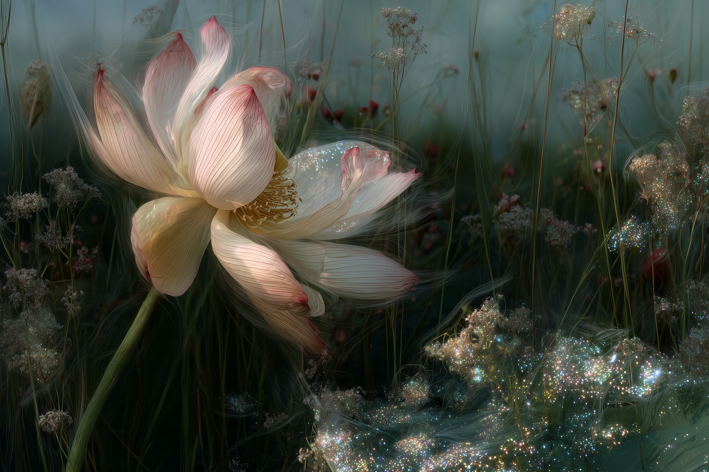 Pink lotus blooming among grasses and dewlight — the natural fragrance behind the world's first aphrodisiac.