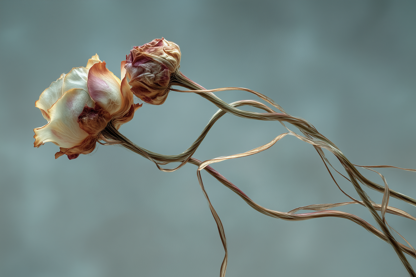 Two dried Damask roses with curling stems — what makes rose otto a singular natural fragrance ingredient.