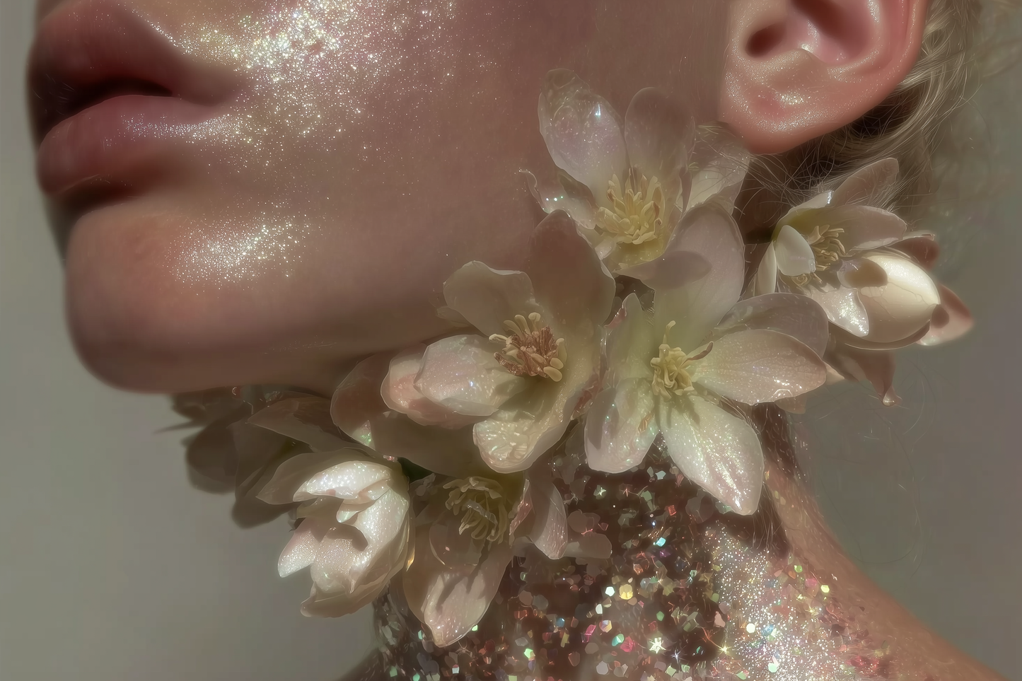 Jasmine blooms along a glitter-dusted neck — what makes a natural fragrance behave as an intimate skin scent.