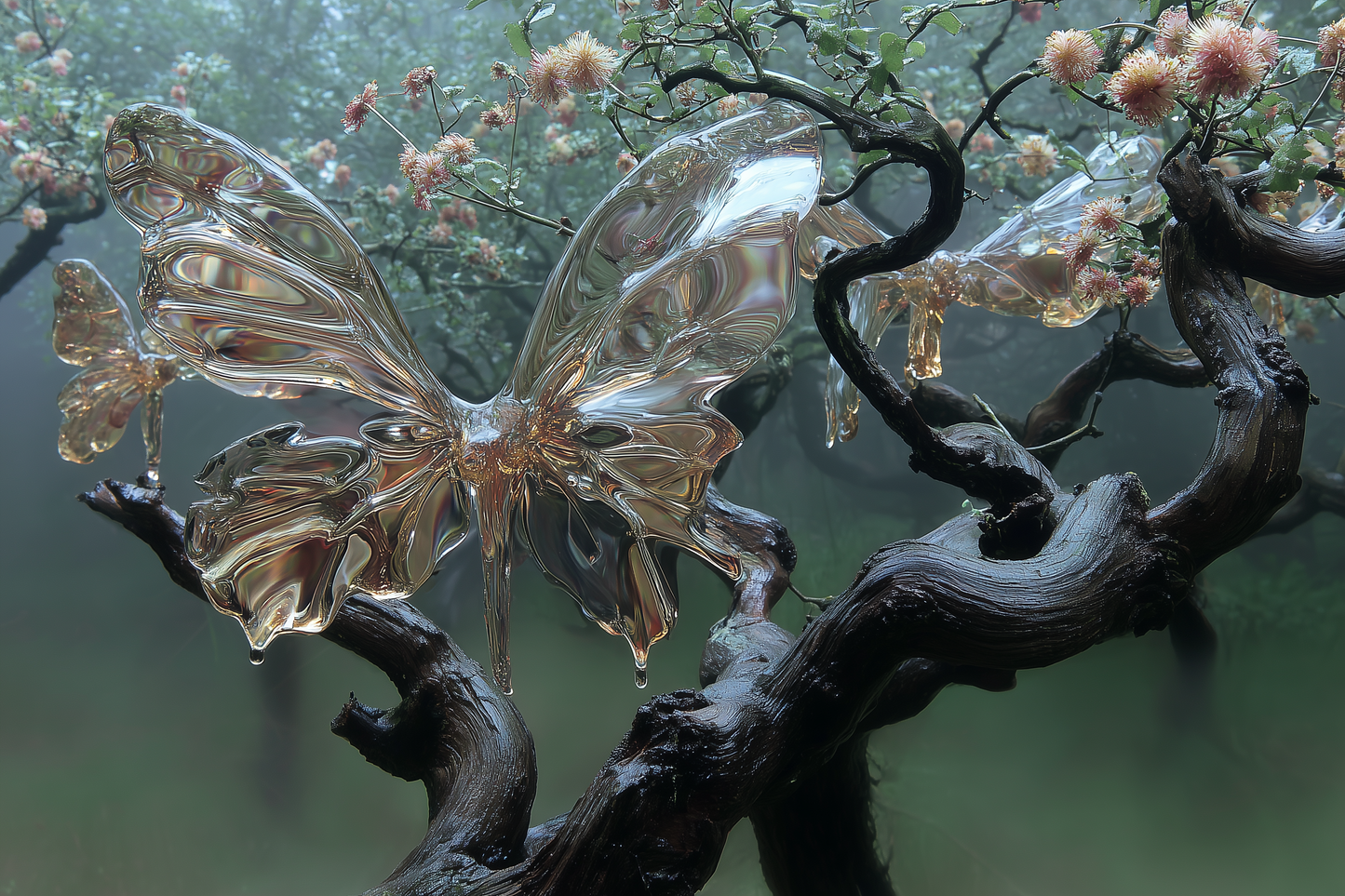 Crystalline butterfly resting on a gnarled blossoming branch — natural perfume as the truest mark of luxury.
