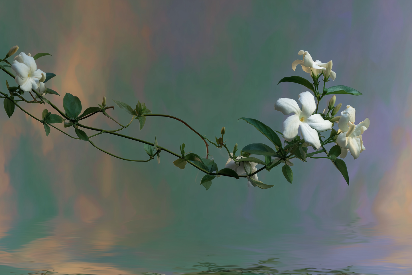 White jasmine vine arching over still water — why jasmine triggers the olfactory brain to lean closer.