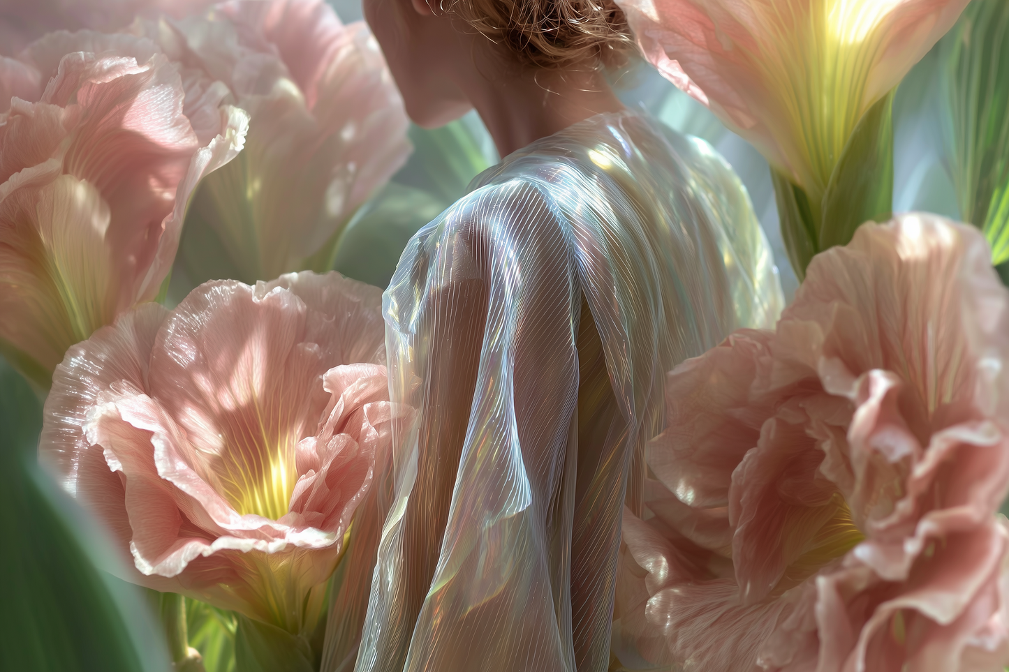 Woman in an iridescent veil among oversized pink blooms — how a perfume for women makes you magnetic at close range.