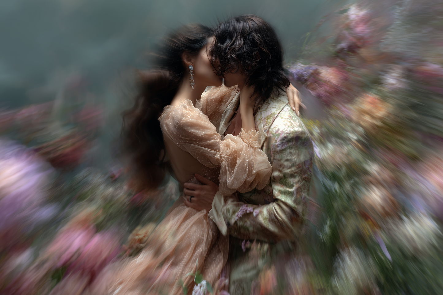 Couple embracing in motion-blurred bloom — what makes a perfume for women feel seductive on warm skin.