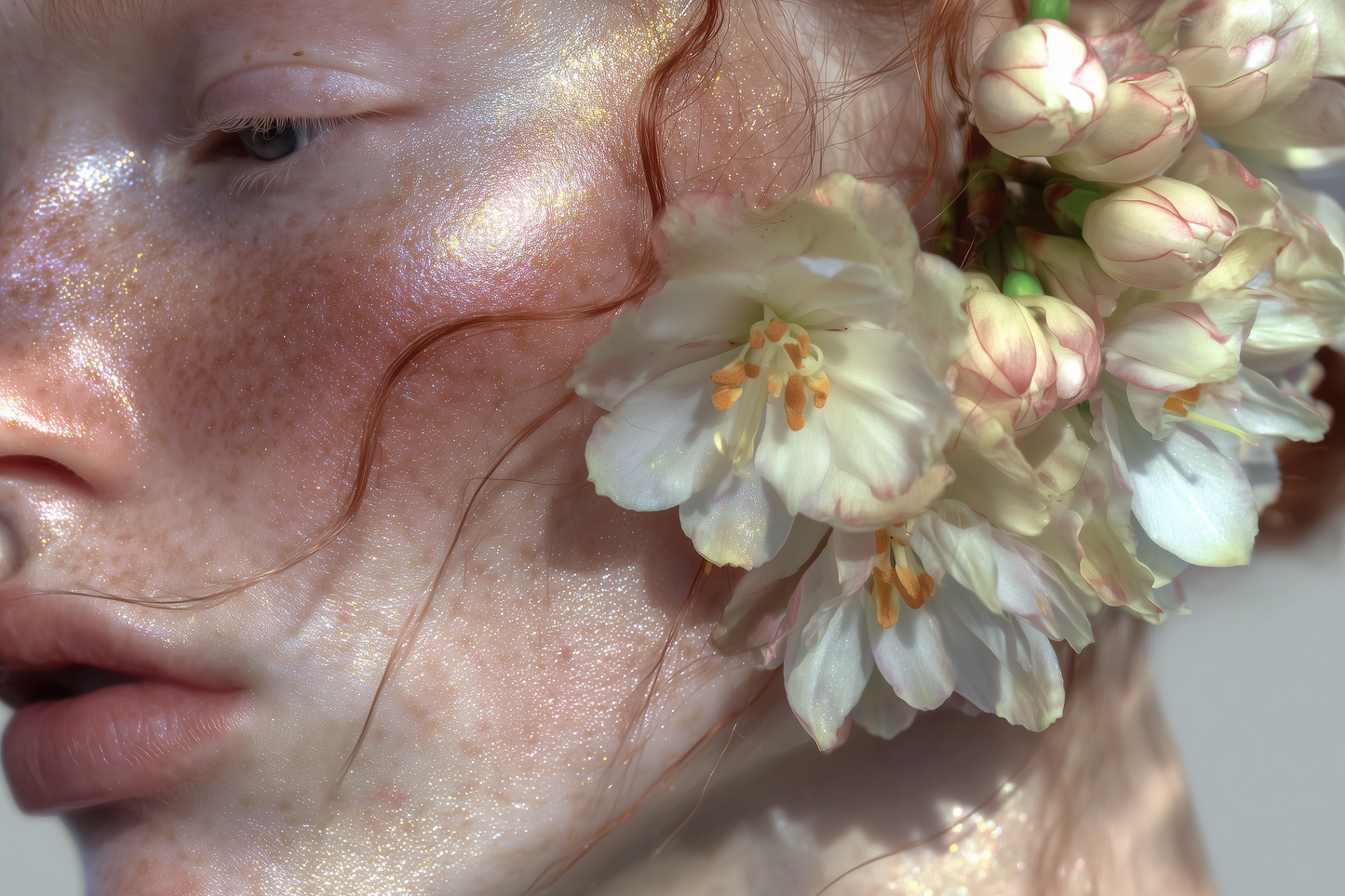 Freckled face with shimmer and white blossoms — why a perfume for women smells different on skin than in the bottle.
