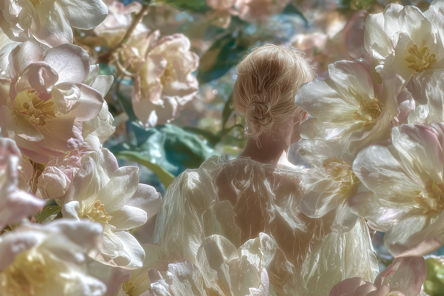 Woman from behind among pale white blossoms — how to find a perfume for women that smells like you.