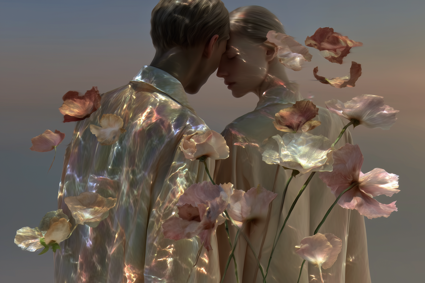 Couple embracing among translucent poppies — the skin chemistry behind a perfume for women that earns compliments.