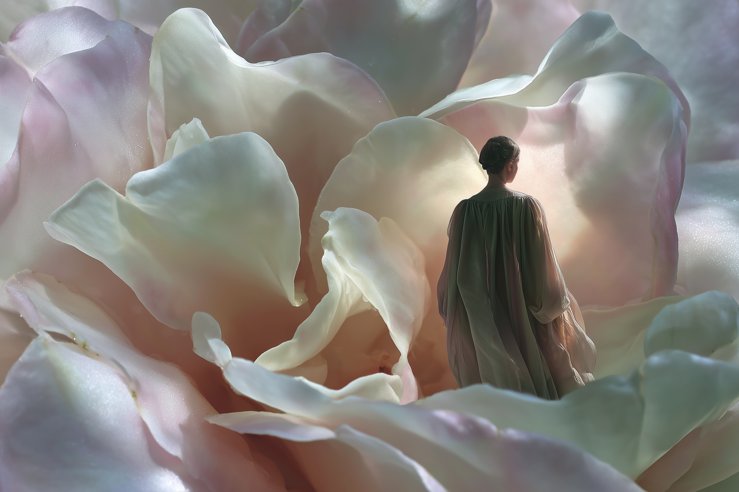 Woman walking into giant pale rose petals — how to choose a perfume for women that turns heads.