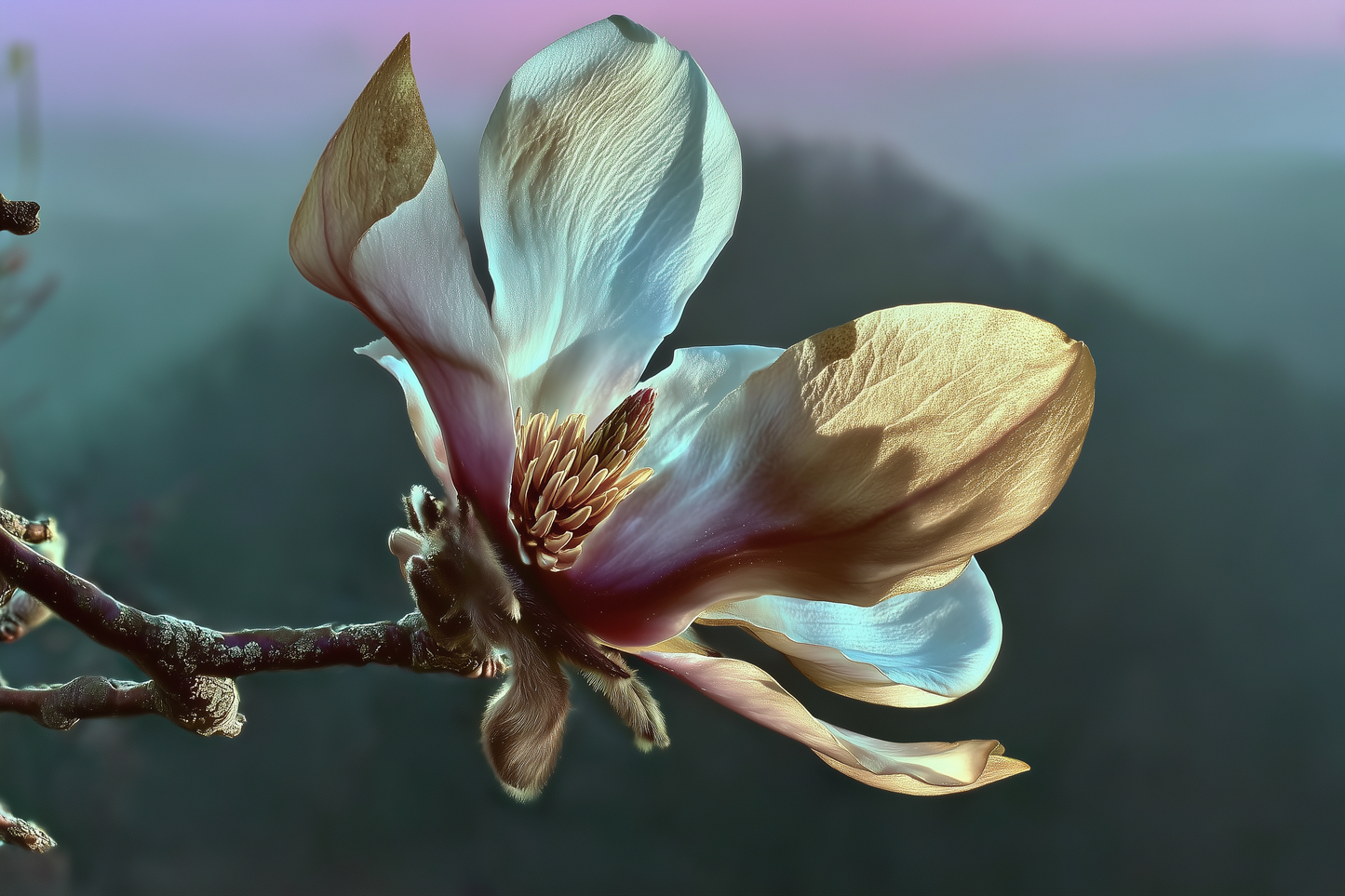 Single magnolia bloom on a bare branch above misted mountains — an ancient perfume ingredient that still smells like desire.