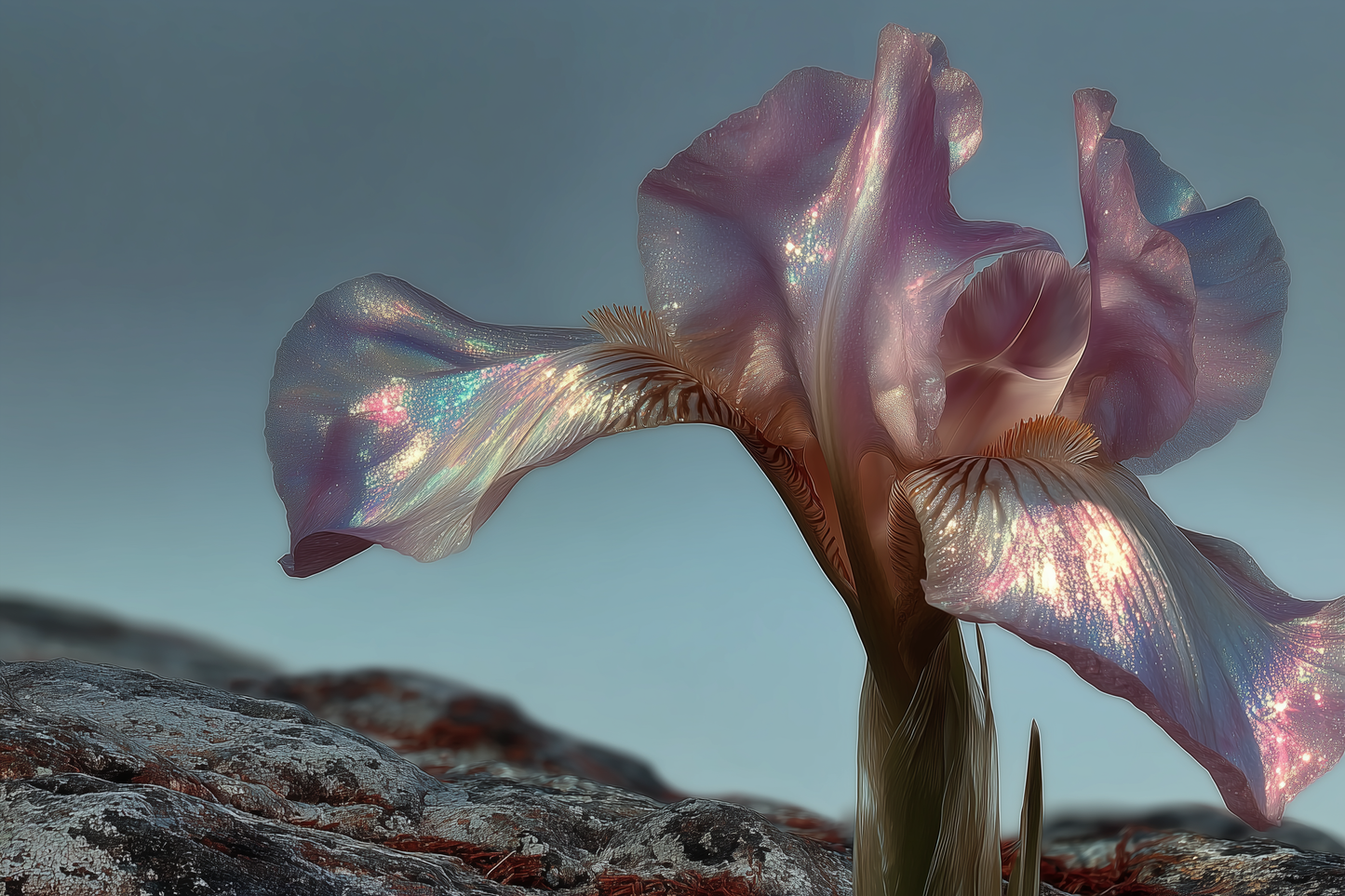 Iridescent iris in bloom on rocky ground — orris, one of the rarest perfume ingredients in perfumery.