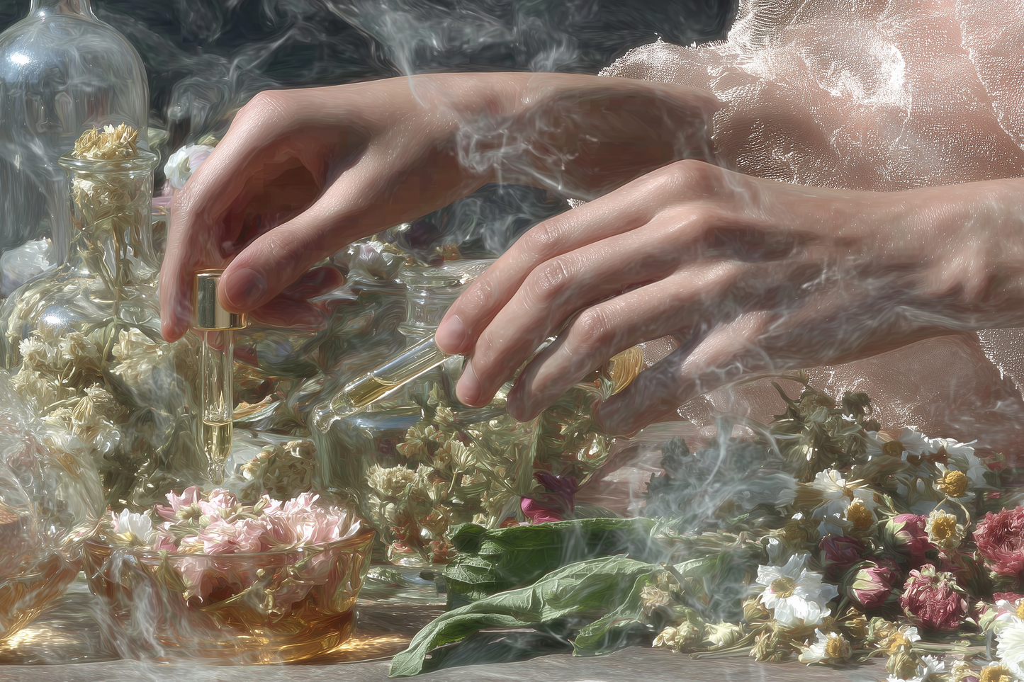 Hands among glass vials, smoke and dried blossoms — what the ancients knew about perfume rituals on the body.