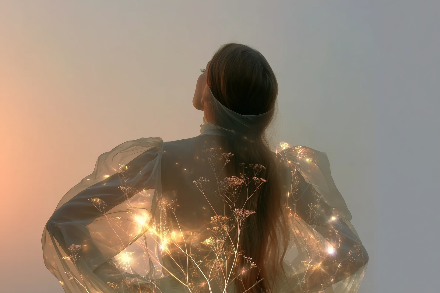 Veiled woman holding glowing wildflowers at dusk — scent as a devotional perfume ritual across cultures.