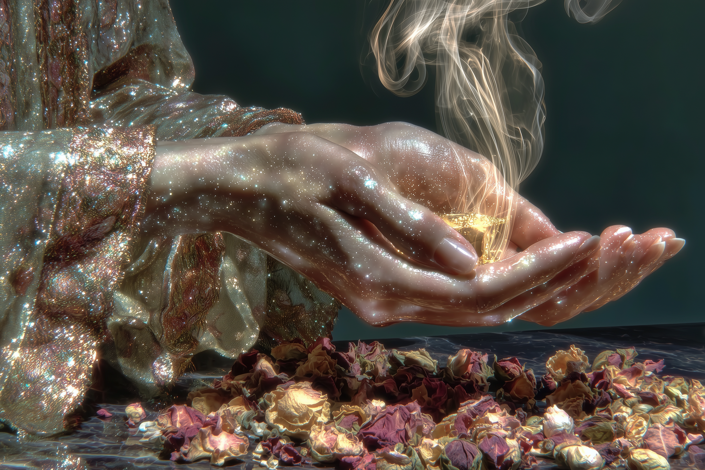 Hands cupping incense smoke above scattered rose petals — the lost art of perfume ritual.