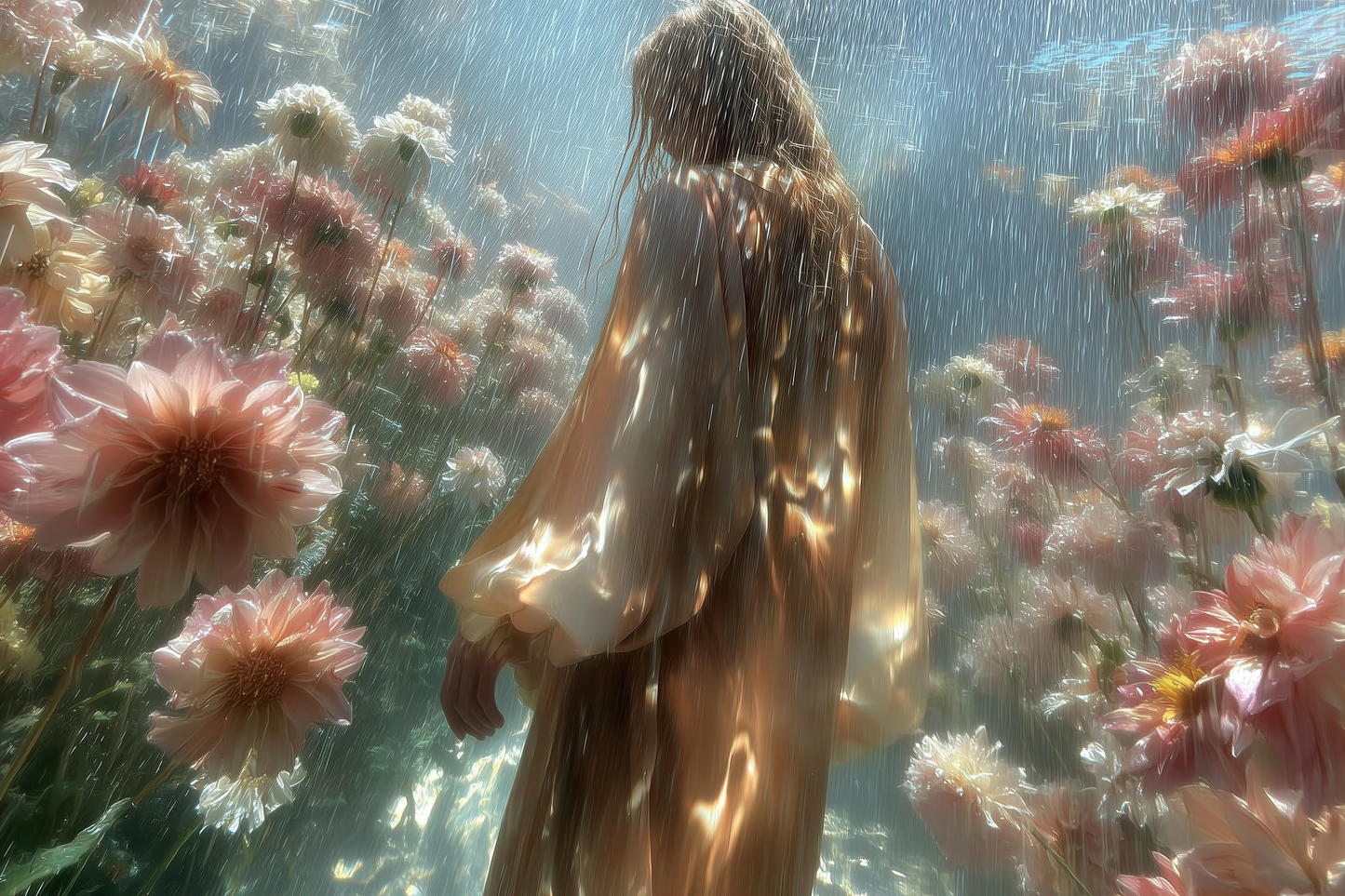 Woman in golden cloak among rain-soaked pink dahlias — rose, rainfall, and the perfume ritual of right relationship.