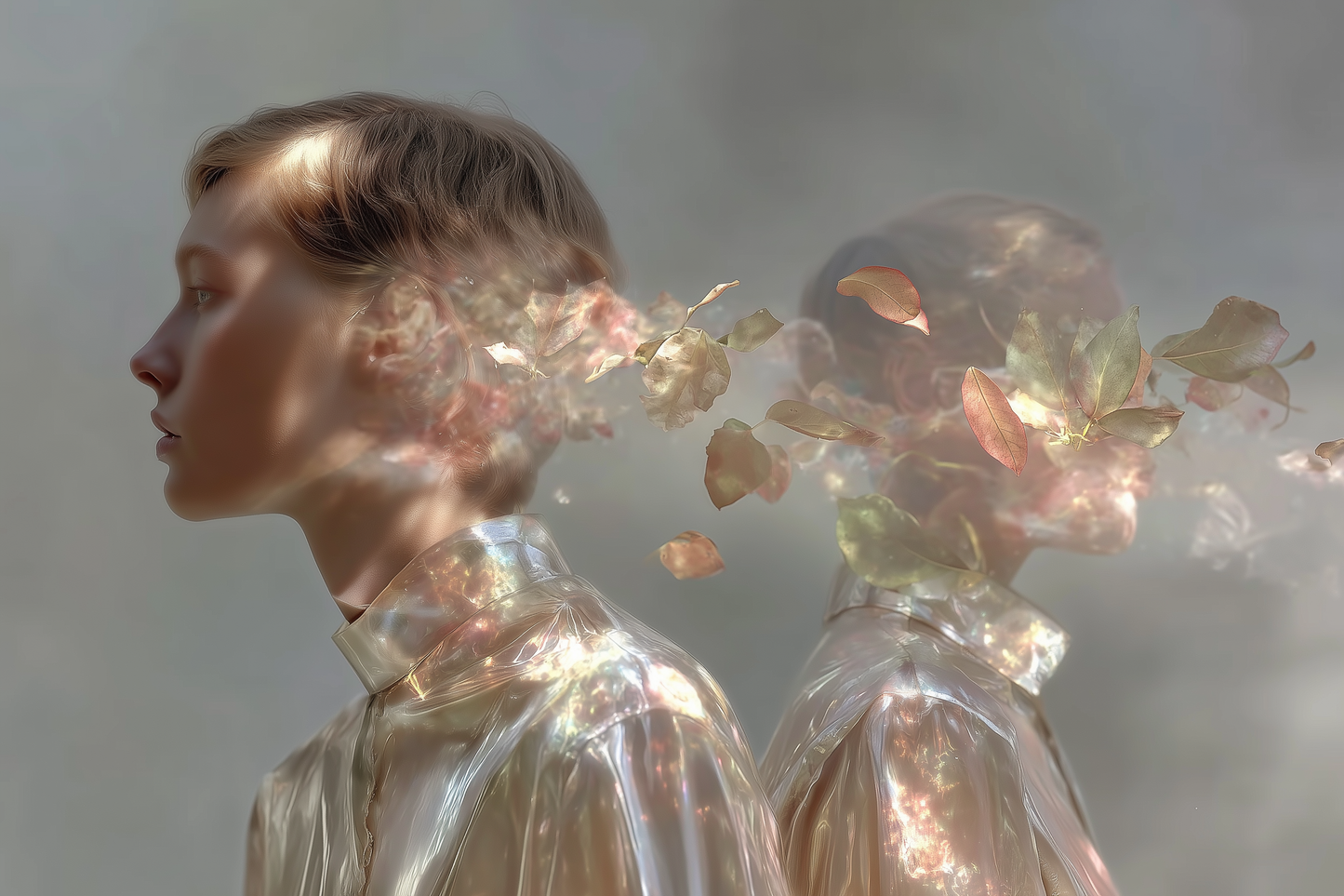 Women in iridescent garments dissolving into petals — what gives memorable perfumes their lasting smell memory.